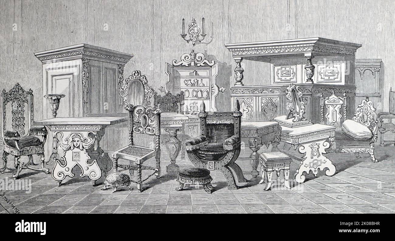 Mobilier à la fin du 16th siècle. Illustration en noir et blanc Banque D'Images Mobilier à la fin du 16th siècle. Illustration en noir et blanc Banque D'Images