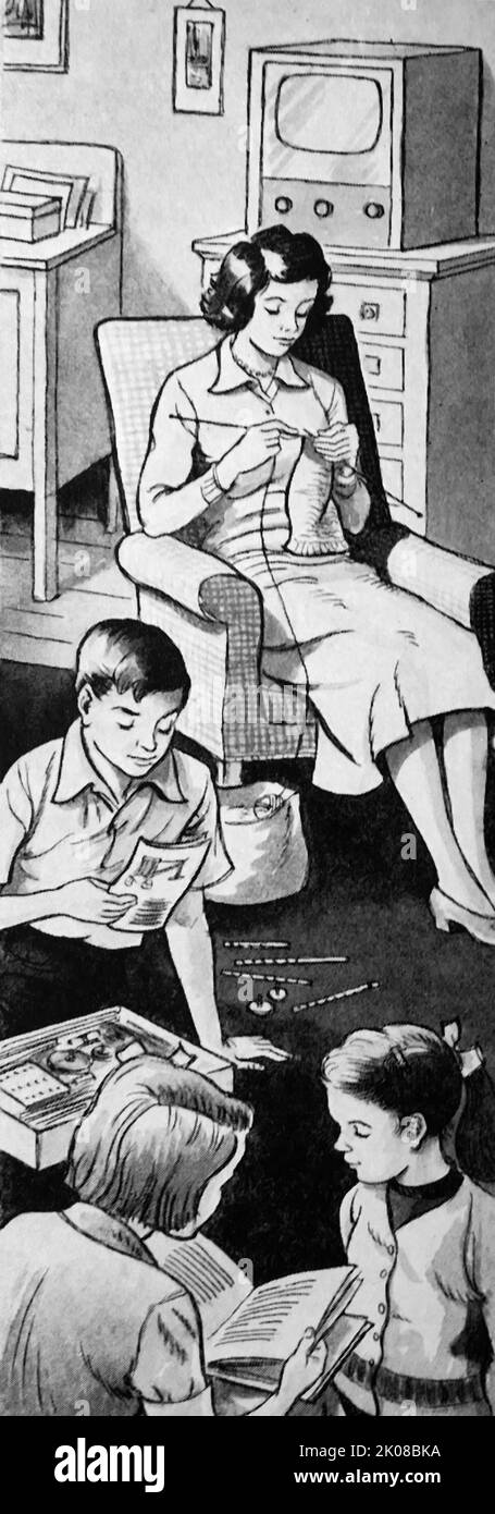 Illustration dans un journal de la vie de famille en Grande-Bretagne en 1950s Banque D'Images