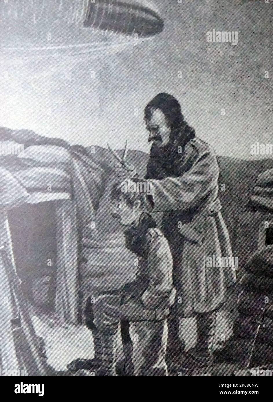 Dessin animé par Bruce Bairnspère d'un soldat ayant une coupe de cheveux dans les tranchées pendant la première Guerre mondiale Banque D'Images