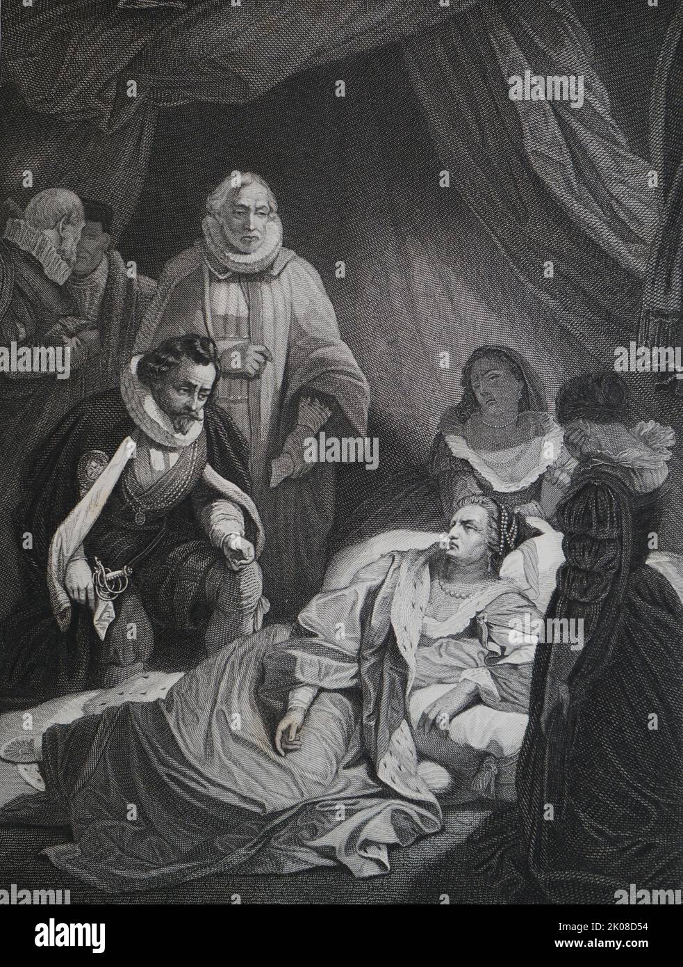 Dernières heures de la reine Elizabeth. Elizabeth I (7 septembre 1533 - 24 mars 1603) fut reine d'Angleterre et d'Irlande du 17 novembre 1558 jusqu'à sa mort en 1603. Parfois appelée la Vierge reine, Elizabeth était le dernier des cinq monarques de la Maison de Tudor. Dessin noir et blanc Banque D'Images