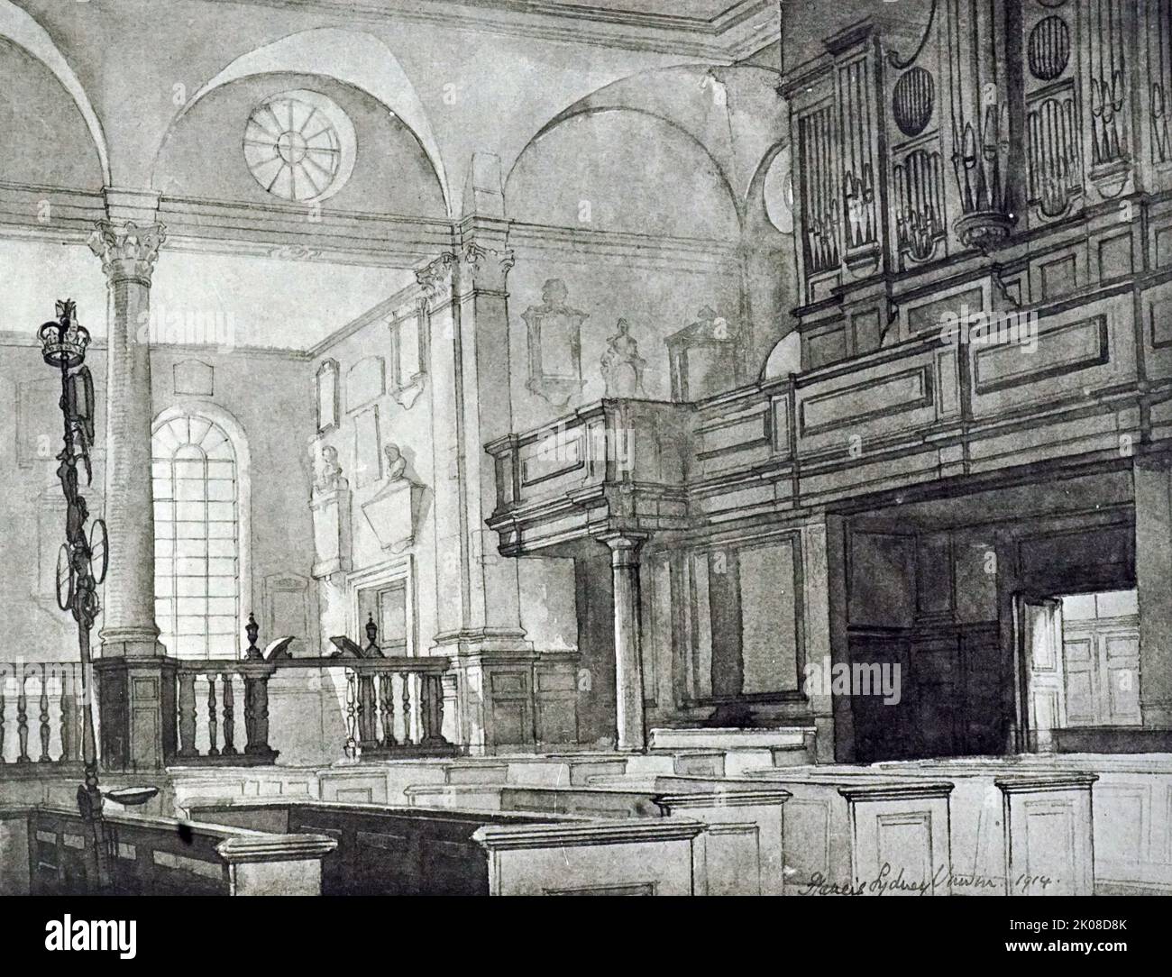 St Margaret Lothbury est une église paroissiale de l'Angleterre sur Lothbury dans la ville de Londres; elle s'étend sur la frontière entre Coleman Street Ward et Broad Street Ward. Enregistrée depuis le 12th siècle, l'église fut détruite dans le Grand incendie de Londres en 1666 et reconstruite par le bureau de Sir Christopher Wren. Dessin de Sidney Unwin, 1914 Banque D'Images