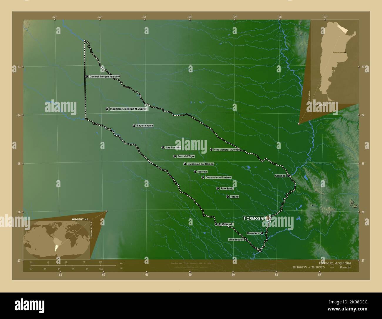 Heutiger Name Des Staates Formosa Formosa, province d'Argentine. Carte d'altitude en couleur avec lacs et