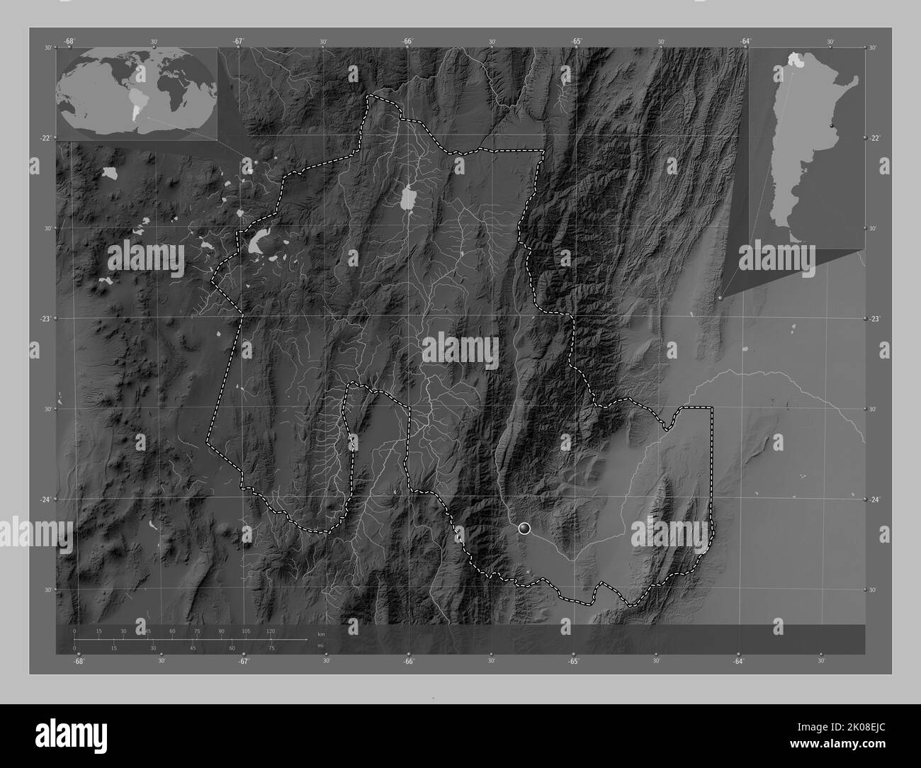 Jujuy, province d'Argentine. Carte d'altitude en niveaux de gris avec lacs et rivières. Cartes d'emplacement auxiliaire d'angle Banque D'Images