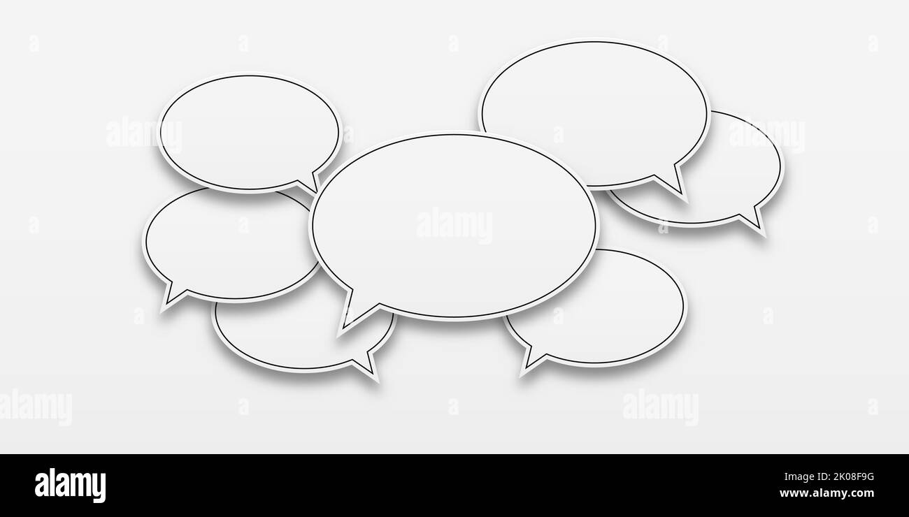 Concept de communication. Vide blanc bulles de parole sur fond blanc. Autocollant blanc avec bulles de parole avec un trait. Banque D'Images