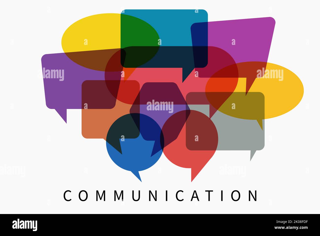 Communication de mots avec des bulles de dialogue multicolores colorées. Illustration du concept de communication sur fond blanc isolé. Banque D'Images