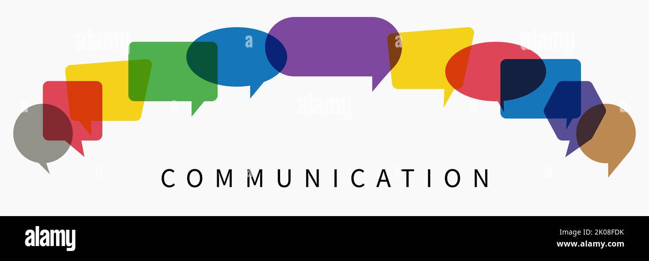 illustration d'un concept de communication. Le mot communication avec des bulles de dialogue colorées Banque D'Images