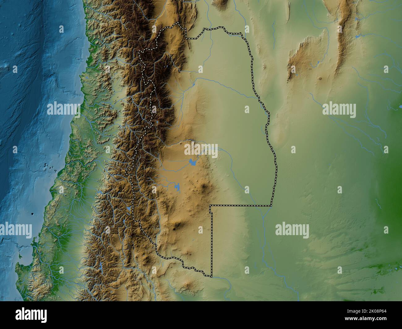 Mendoza, province d'Argentine. Carte d'altitude en couleur avec lacs et rivières Banque D'Images