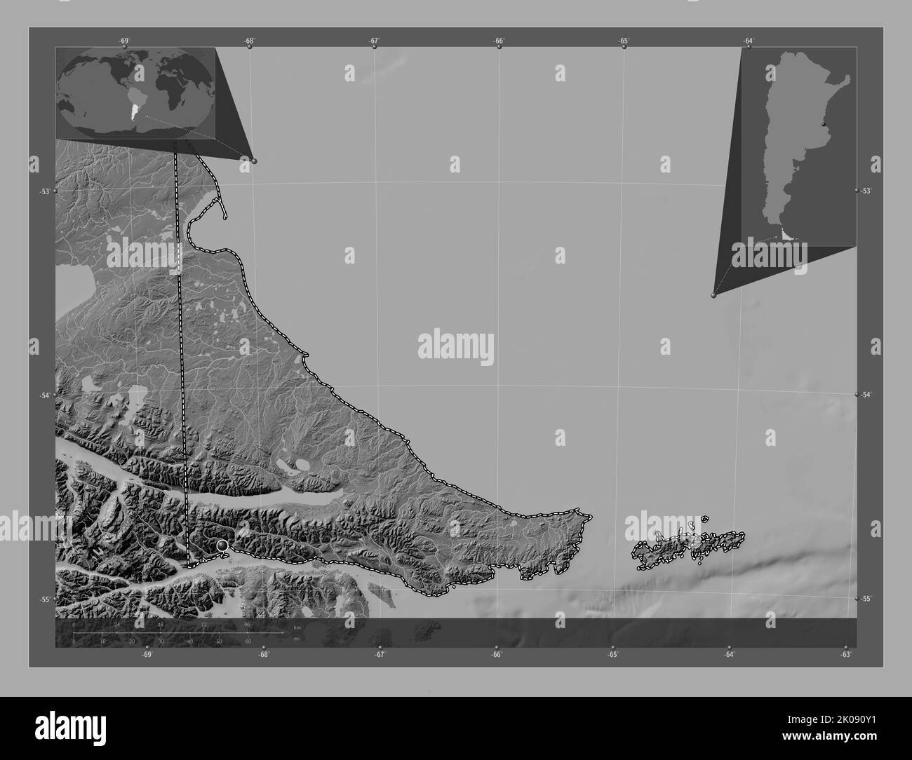 Tierra del Fuego, territoire national de l'Argentine. Carte d'altitude à deux niveaux avec lacs et rivières. Cartes d'emplacement auxiliaire d'angle Banque D'Images