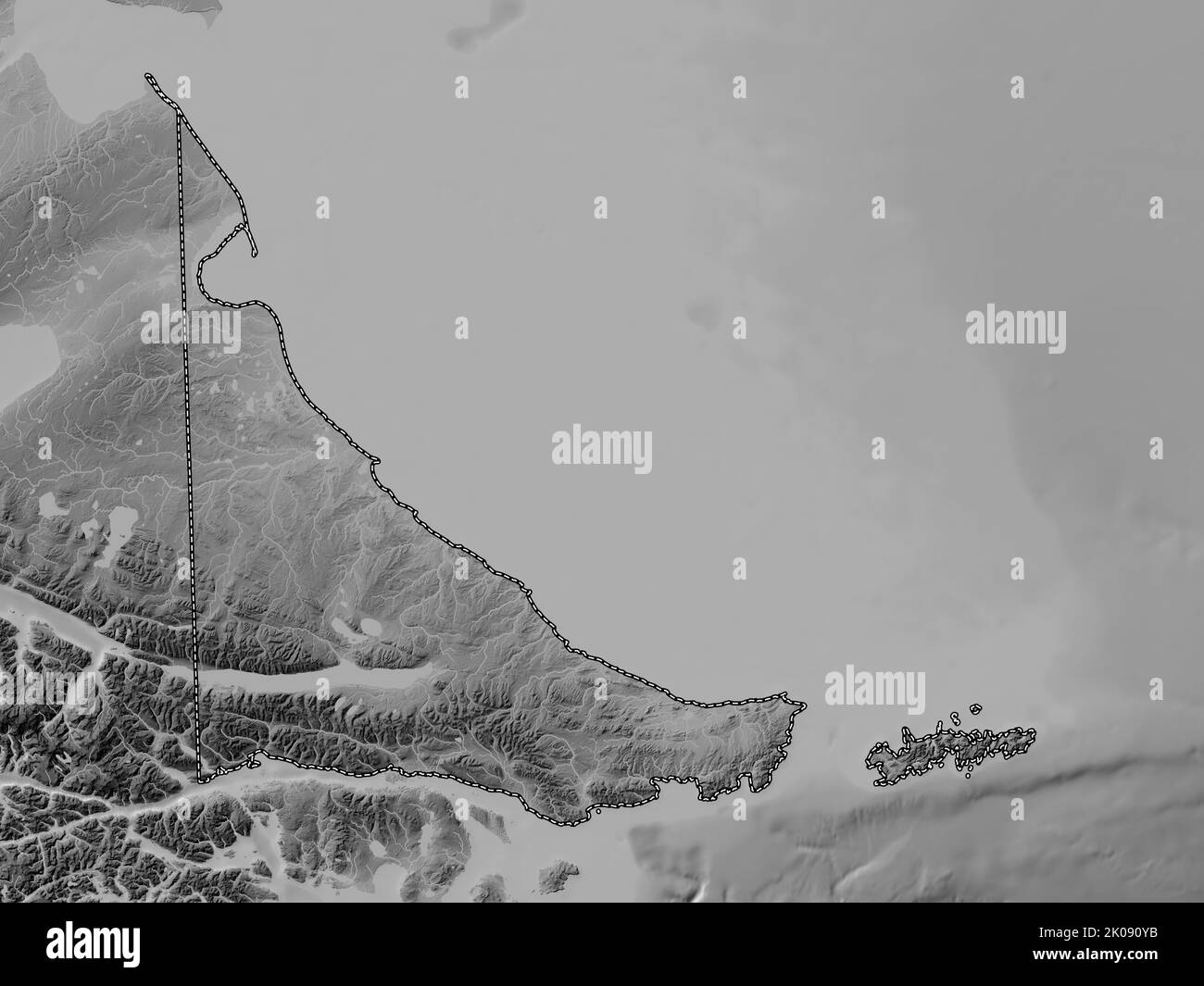 Tierra del Fuego, territoire national de l'Argentine. Carte d'altitude en niveaux de gris avec lacs et rivières Banque D'Images