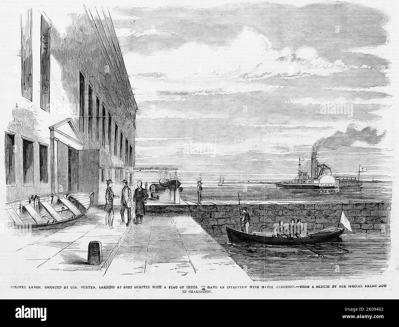 Le colonel Ward Hill Lamon, escorté par le colonel Duryea, débarquant à fort Sumter avec un drapeau de trêve, pour avoir une entrevue avec le major Robert Anderson, le 1861 avril. Illustration de la guerre de Sécession américaine du 19th siècle tirée du journal illustré de Frank Leslie Banque D'Images