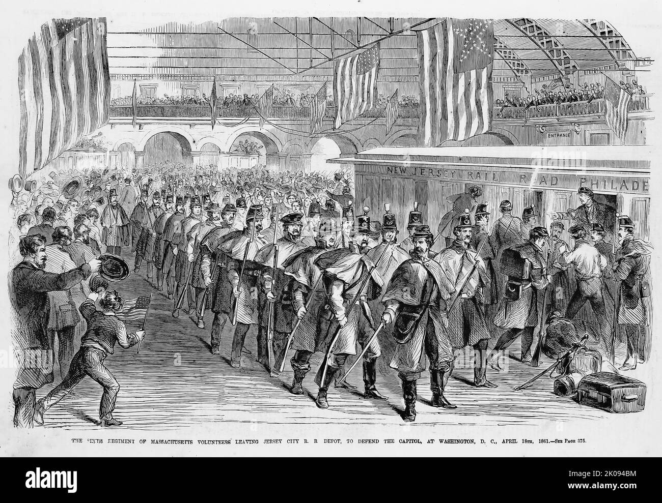 Le Sixième Régiment des volontaires du Massachusetts quittant le dépôt de chemin de fer de la ville de Jersey, pour défendre le Capitole, à Washington D. C., 18 avril 1861. Illustration de la guerre de Sécession américaine du 19th siècle tirée du journal illustré de Frank Leslie Banque D'Images