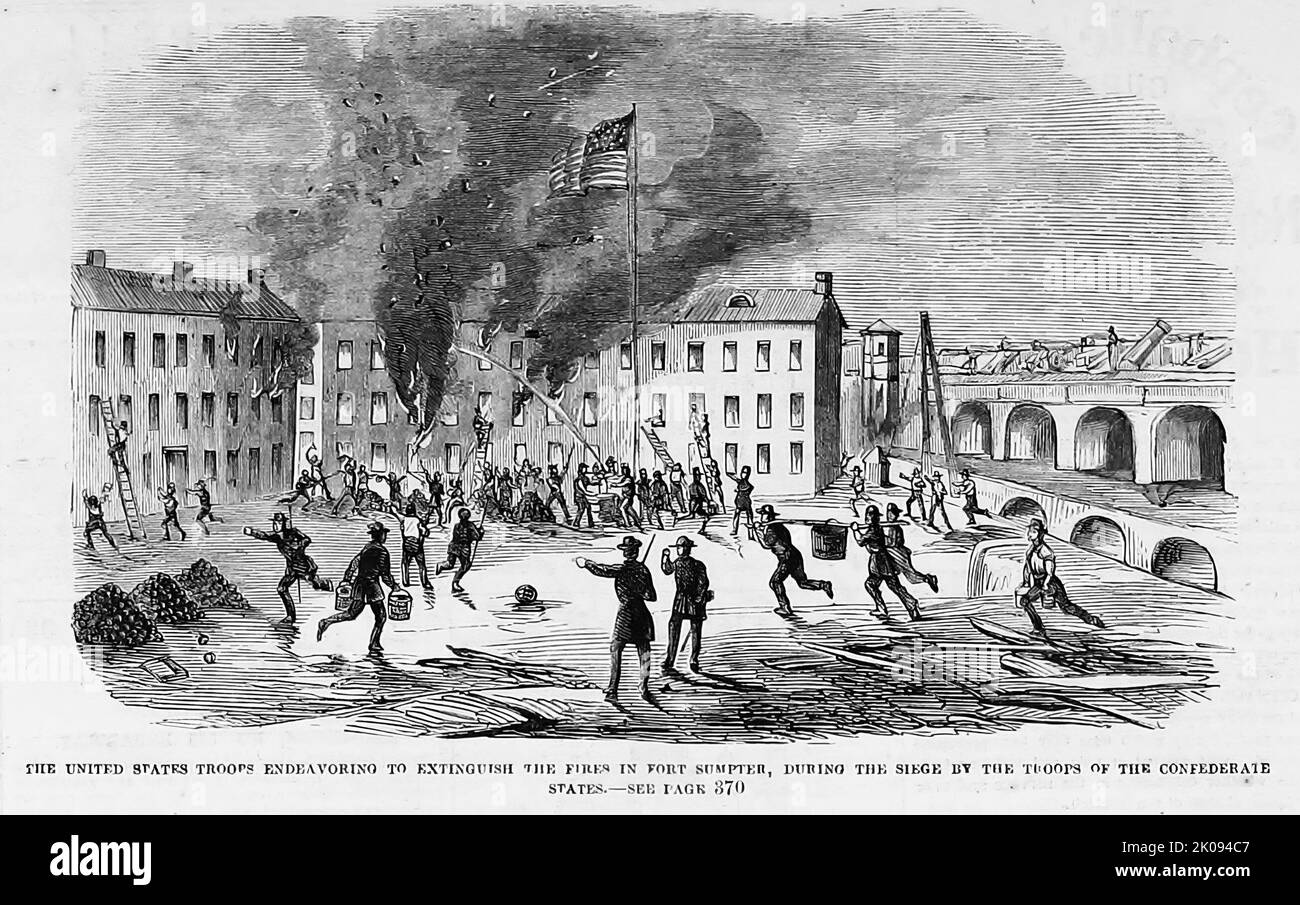 Les troupes des États déliés s'efforcent d'éteindre les incendies à fort Sumter, pendant le siège des troupes des États confédérés. Bataille de fort Sumter, 12 avril et 13th, 1861, dans la guerre civile américaine. Illustration du 19th siècle du journal illustré de Frank Leslie Banque D'Images