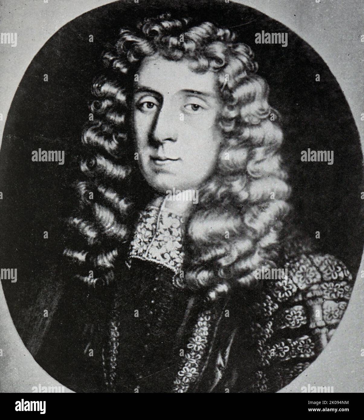 Imprimé de Lord Chancellor Jeffreys, d'un tableau de Kneller. George Jeffreys, 1st Baron Jeffreys, PC (15 mai 1645 - 18 avril 1689), également connu sous le nom de « juge suspendu », était un juge gallois. Il est devenu remarquable pendant le règne du roi Jacques II, en se levant au poste de Lord Chancellor. Banque D'Images