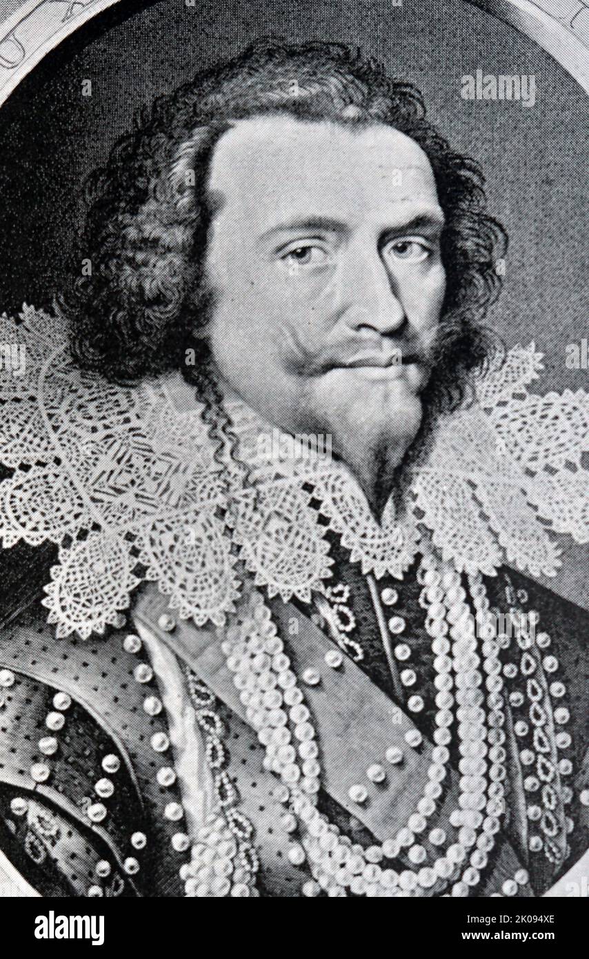 George Villiers, 1st duc de Buckingham, d'un tableau de Mirévélateur. George Villiers, 1st duc de Buckingham, KG (28 août 1592 - 23 août 1628), était un courtier anglais, homme d'État et protecteur des arts. Il était un favori et peut-être aussi un amant du roi Jacques Ier d'Angleterre. Buckingham est resté à la hauteur de la faveur royale pendant les trois premières années du règne du fils de James, le roi Charles Ier, jusqu'à ce qu'un officier de l'armée mécontent l'assassine. Banque D'Images