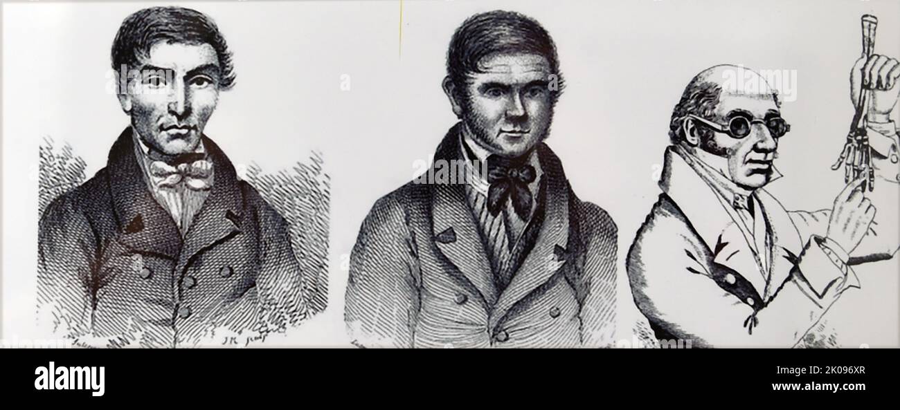 Photo de William Hare, William Burke et Robert KNOX. Les meurtres de Burke et de Hare sont une série de 16 meurtres commis sur une période d'environ dix mois en 1828 à Édimbourg, en Écosse. Ils ont été entrepris par William Burke et William Hare, qui ont vendu les cadavres à Robert KNOX pour dissection lors de ses conférences d'anatomie. Ces meurtres ont sensibilisé le public à la nécessité d'avoir des organismes de recherche médicale et ont contribué à l'adoption de la Loi de 1832 sur l'anatomie. Banque D'Images