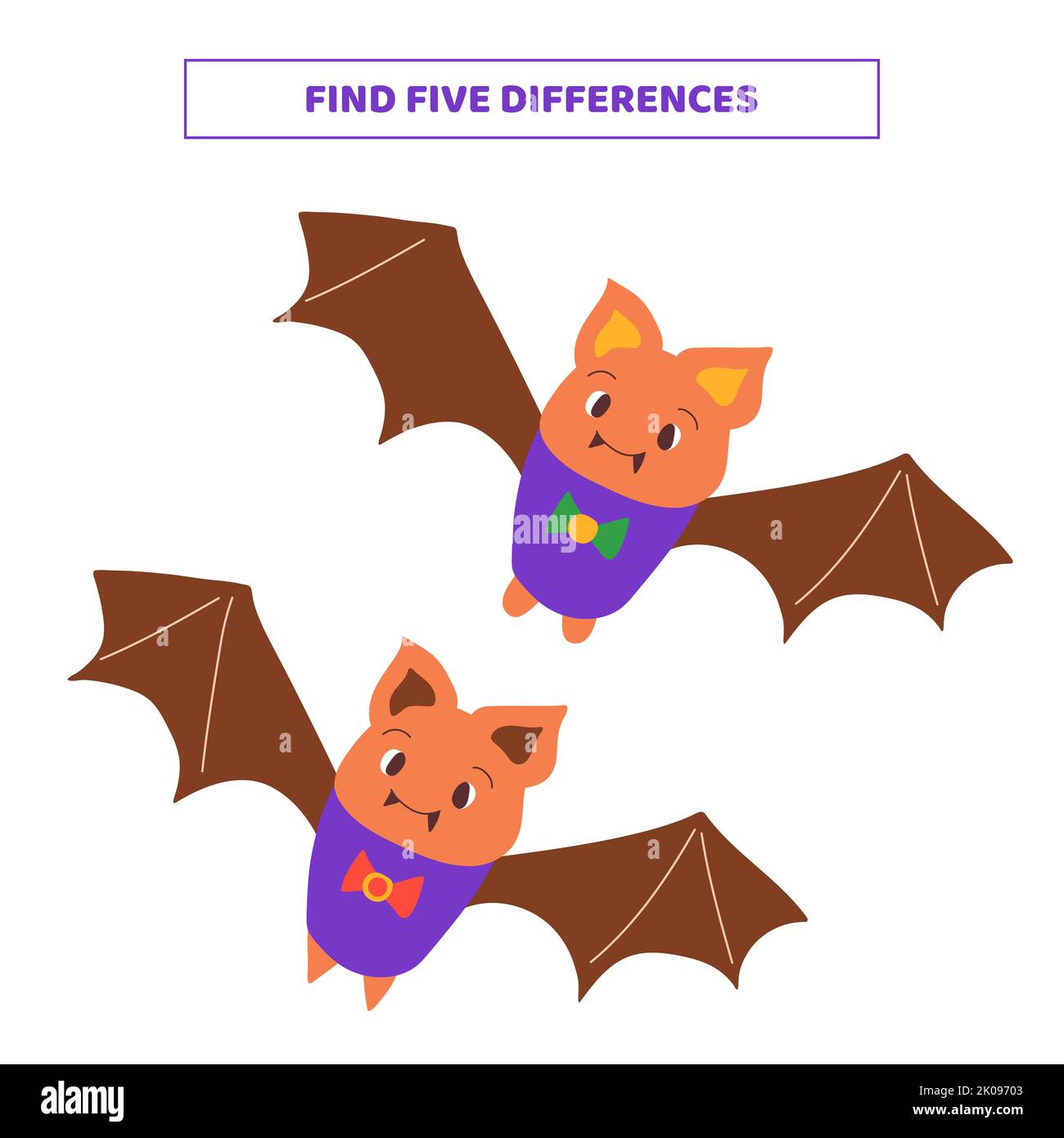 Trouvez cinq différences entre les chauves-souris de dessin animé. Jeu éducatif pour les enfants. Banque D'Images