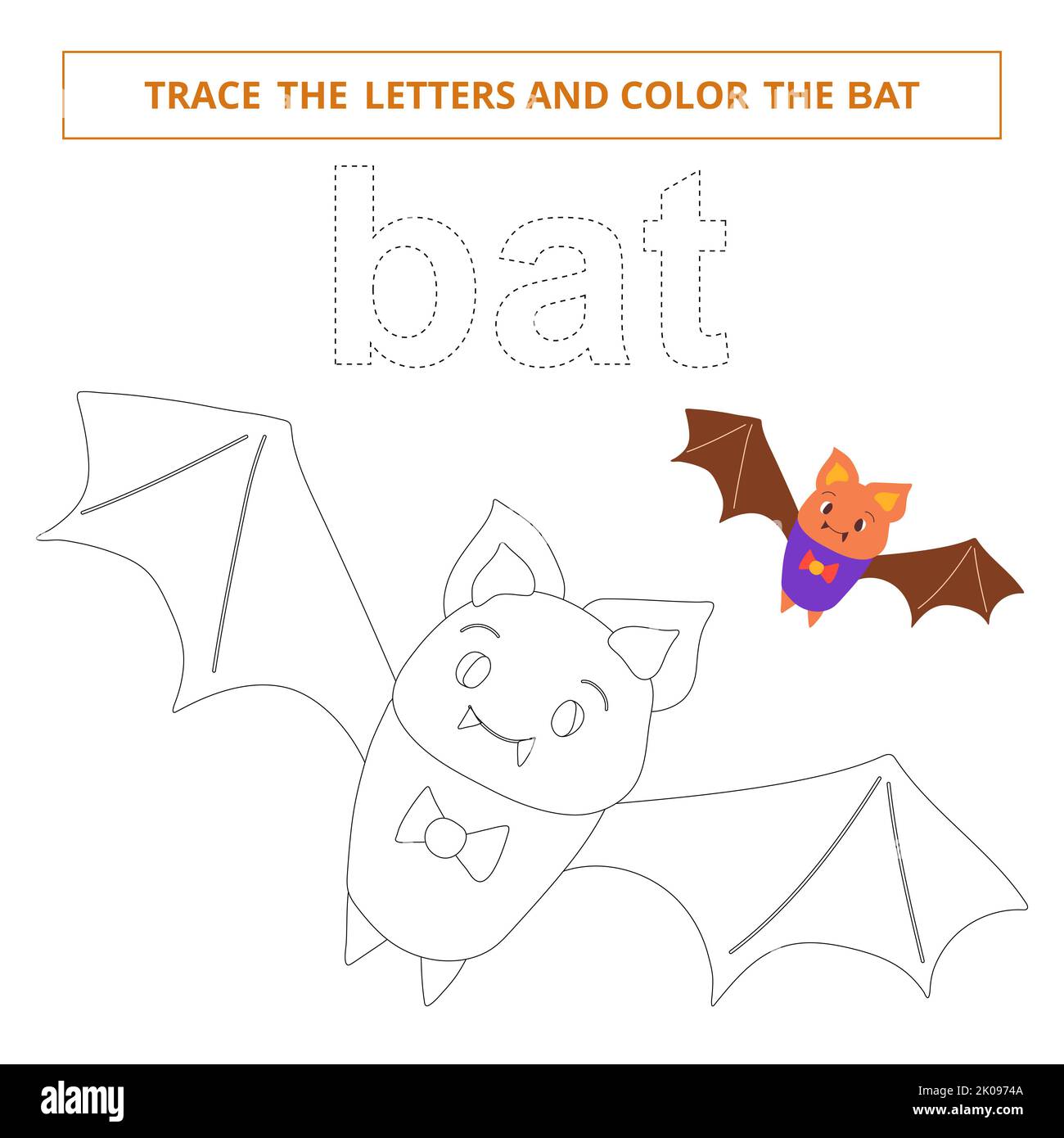 Tracez les lettres et colorez la feuille de travail bat.Handwriting pour les enfants. Banque D'Images