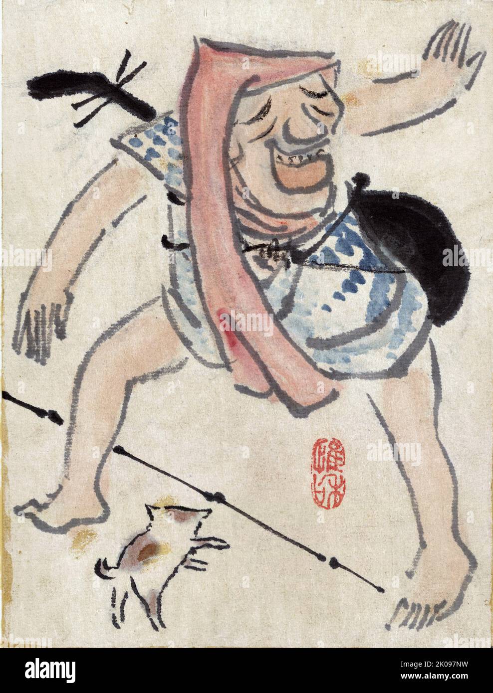 Caricature de musicien ou d'acteur dansant, avec un chat à ses pieds. Par Baitei Ki (1734-1810). Publié entre 1755 et 1810. Banque D'Images