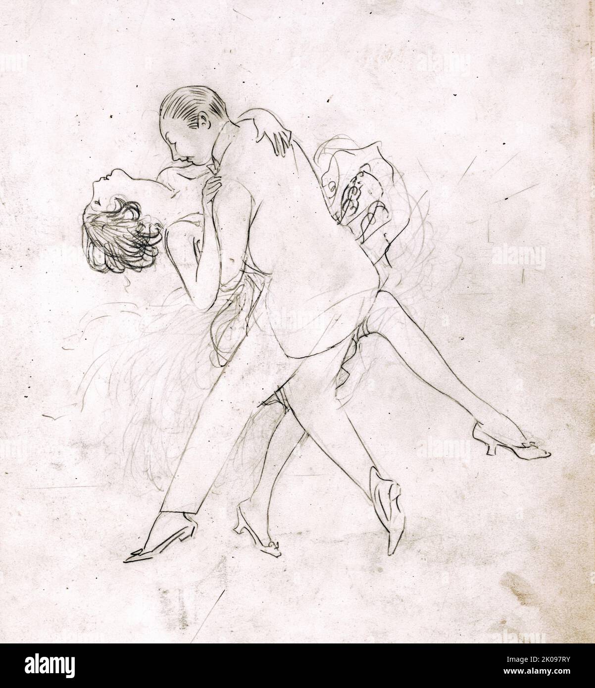 Homme et femme dansant, plongeant. Par Oliver Herford (1863-1935). Publié entre 1880 et 1935. Dessin au crayon. Banque D'Images