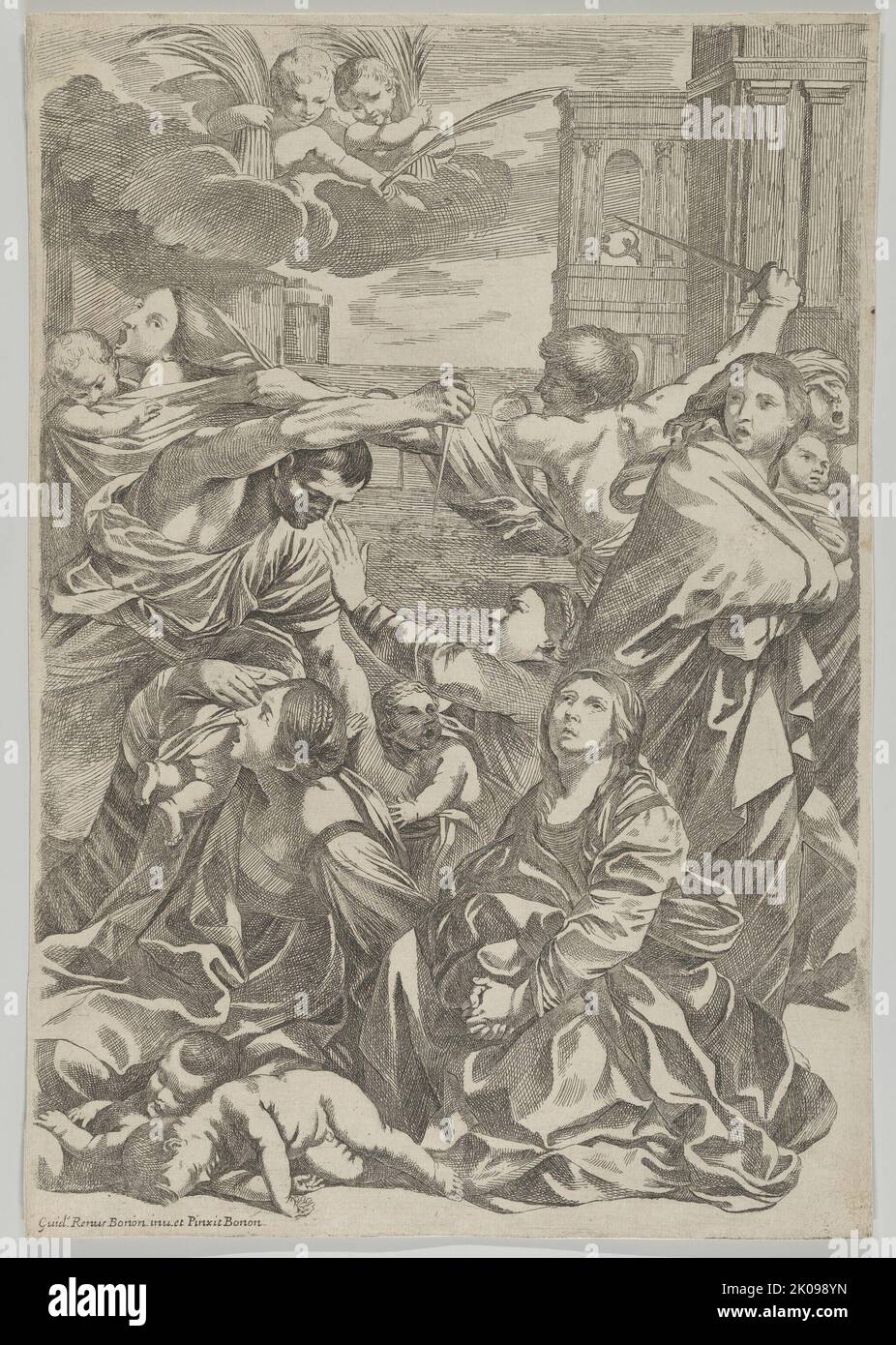 Massacre des innocents; groupe de femmes et d'enfants attaqués, deux anges en haut à gauche, après Reni, ca. 1640-1700. Banque D'Images