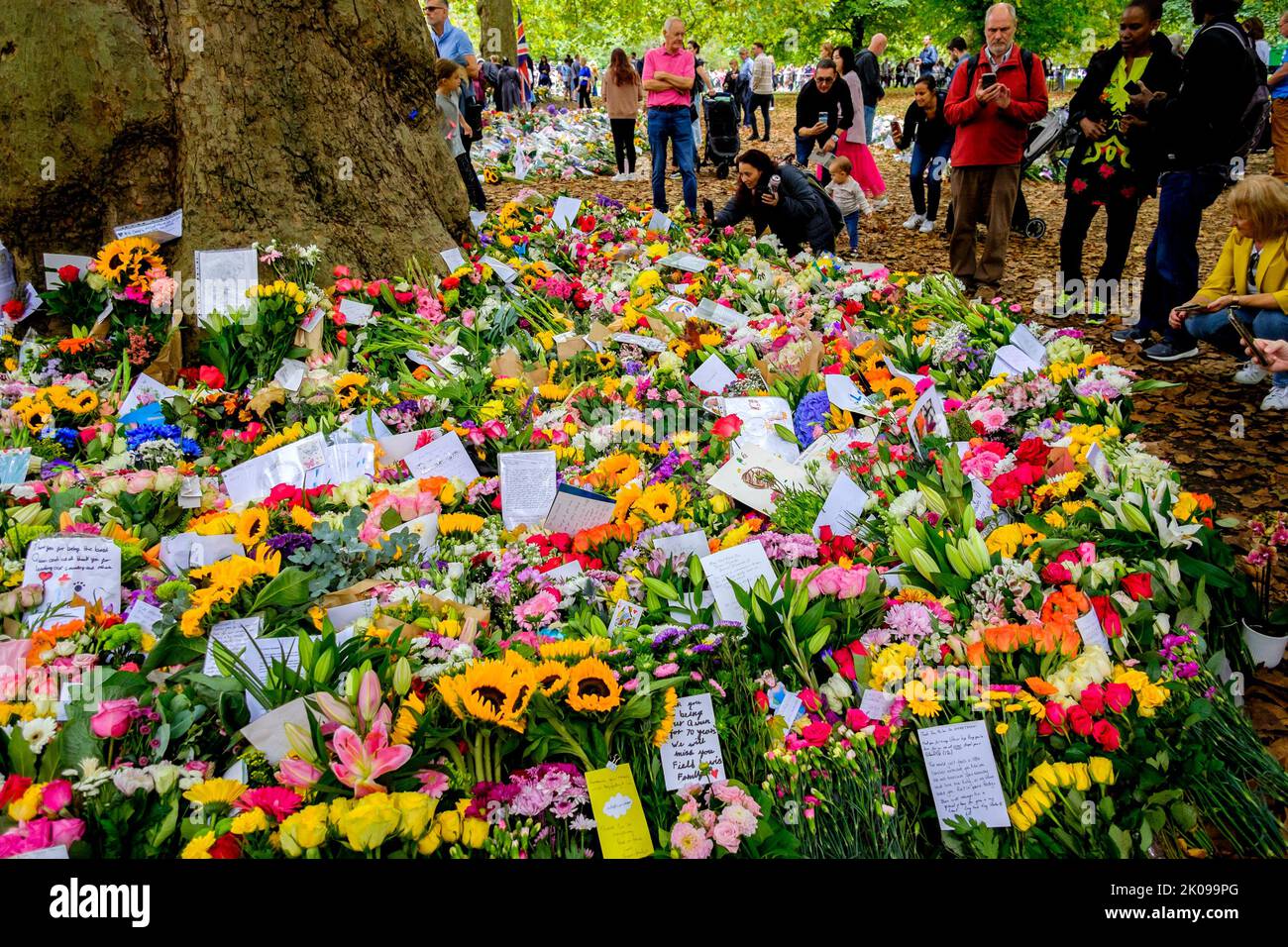 Londres, Royaume-Uni, 10th septembre 2022. Des milliers d'hommages floraux à sa Majesté la reine Elizabeth II sont déposés à Green Park, dont beaucoup sont accompagnés de messages d'adultes et d'enfants. Banque D'Images