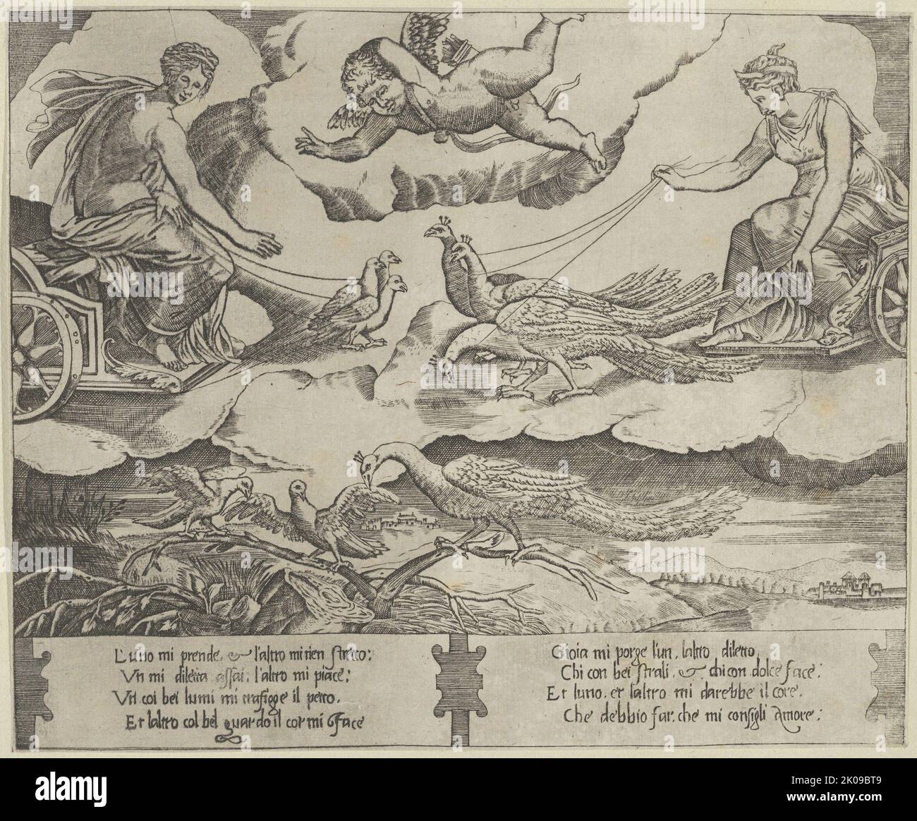 Allégorie du mariage et de l'Amour; Juno dans un char dessiné par des paons à droite, Vénus dans un char dessiné par trois colombes à gauche, ca. 1540-60. Banque D'Images