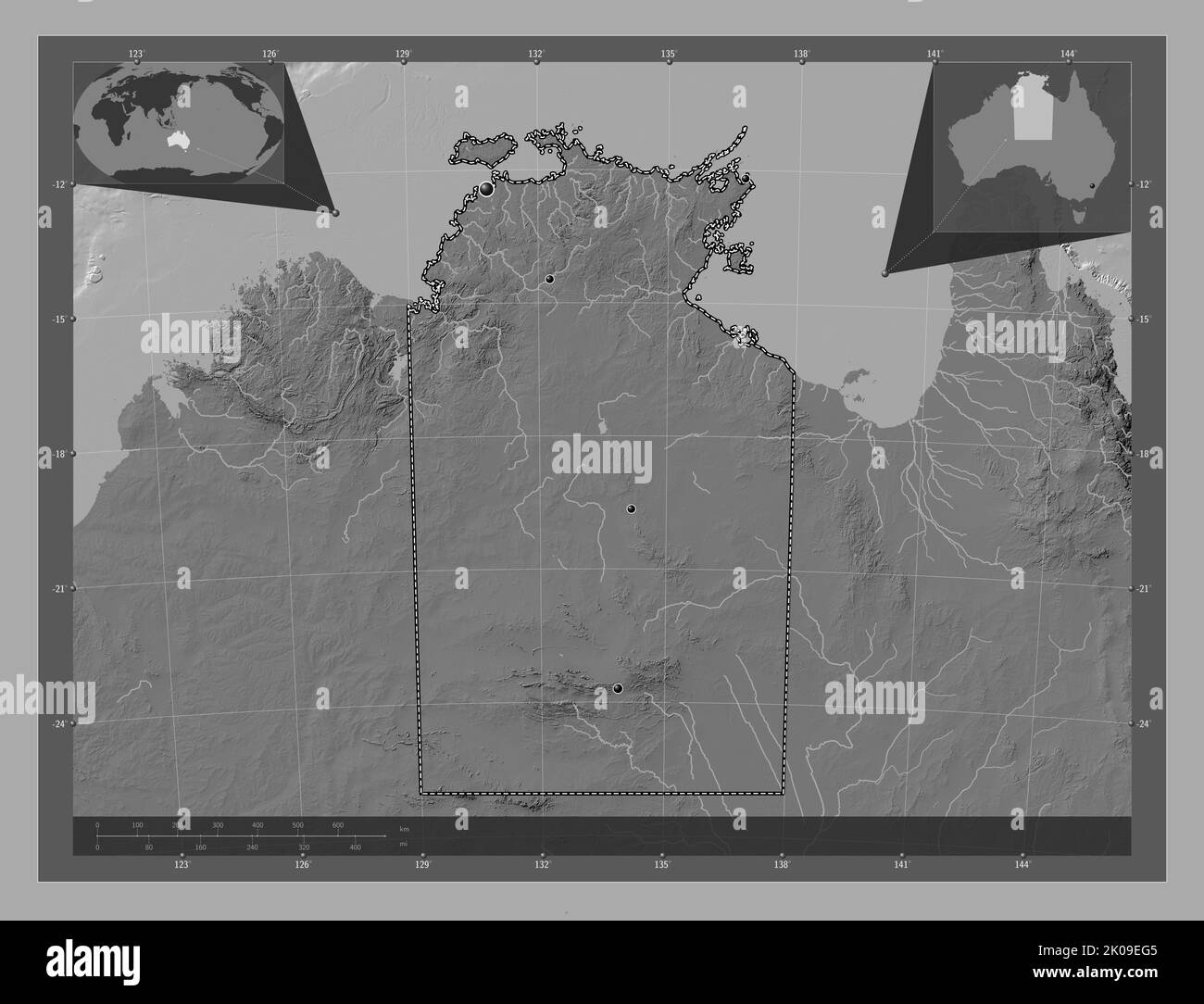 Territoire du Nord, territoire de l'Australie. Carte d'altitude à deux niveaux avec lacs et rivières. Lieux des principales villes de la région. Emplacement auxiliaire de coin Banque D'Images