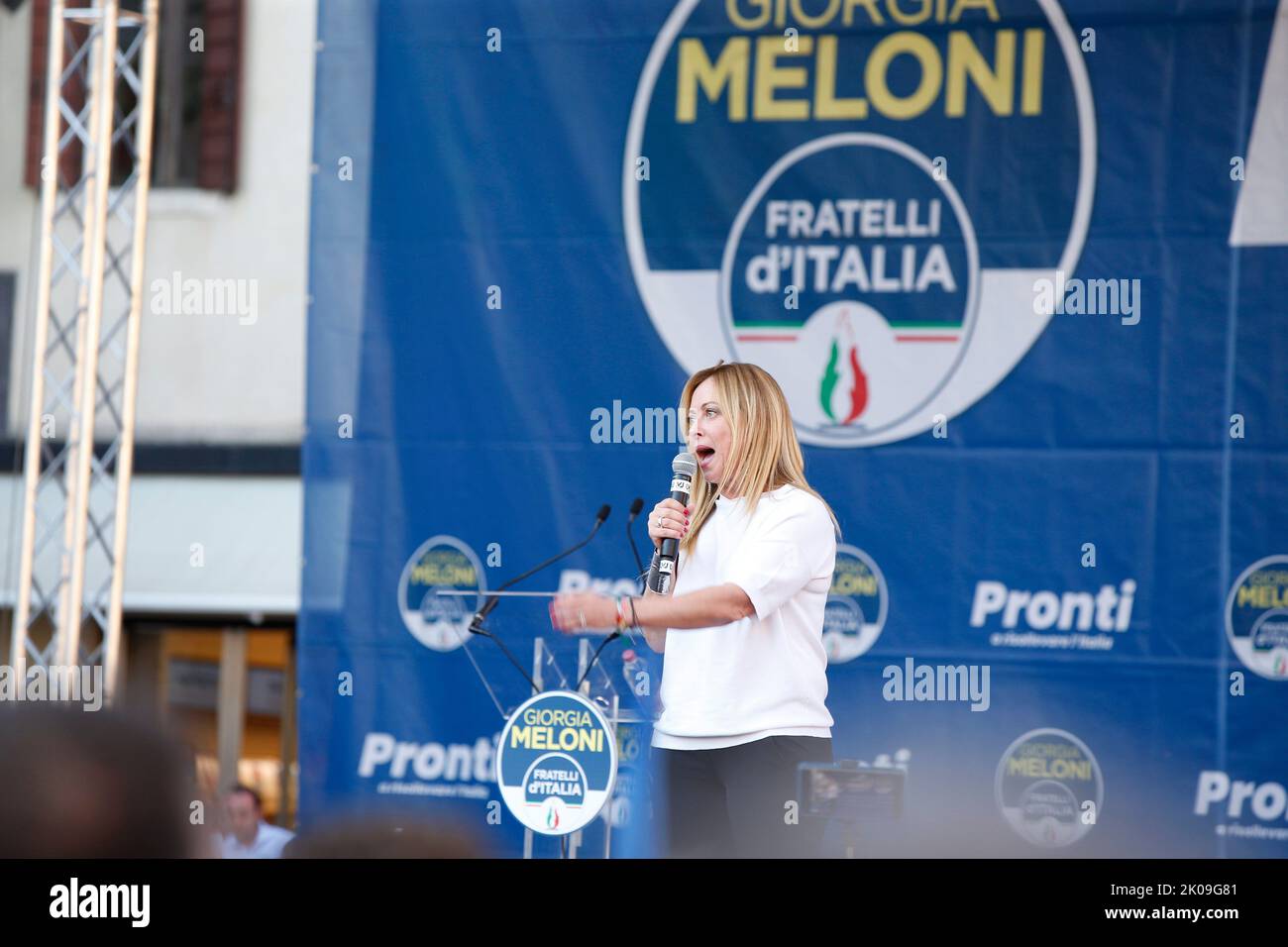 Chef du parti des Frères d'Italie (FDI), Giorgia Meloni discours de la scène à Mestre ville métropolitaine de Venise 10th septembre 2022 Banque D'Images