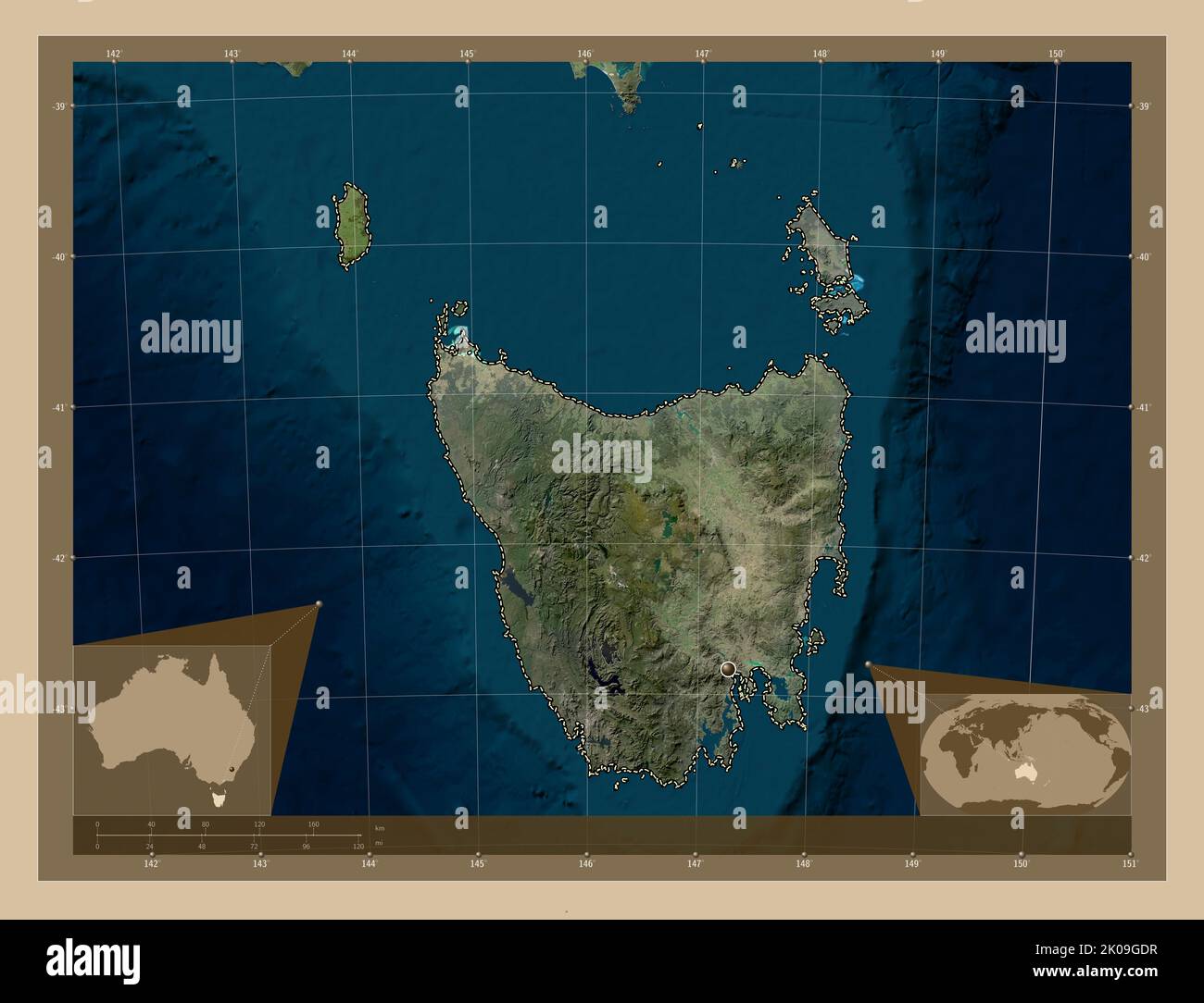 Tasmanie, État de l'Australie. Carte satellite basse résolution. Cartes d'emplacement auxiliaire d'angle Banque D'Images