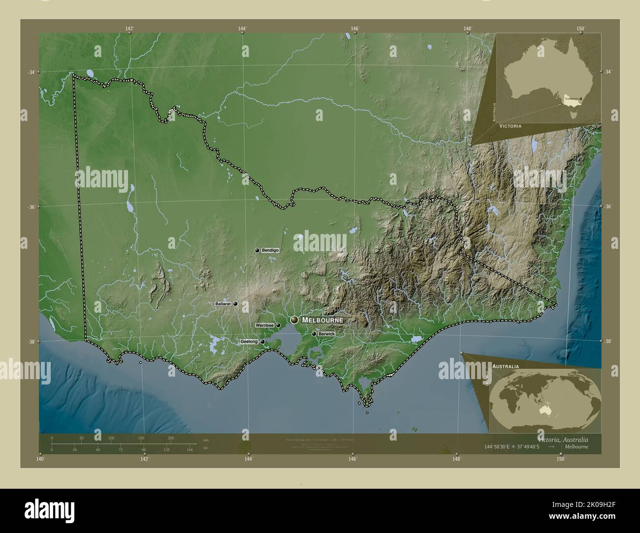 Victoria, État de l'Australie. Carte d'altitude colorée en style wiki ...