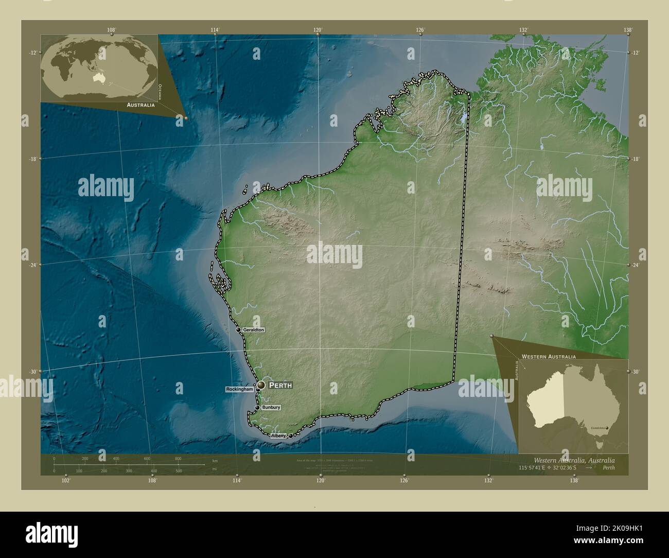 Australie occidentale, État de l'Australie. Carte d'altitude colorée en ...