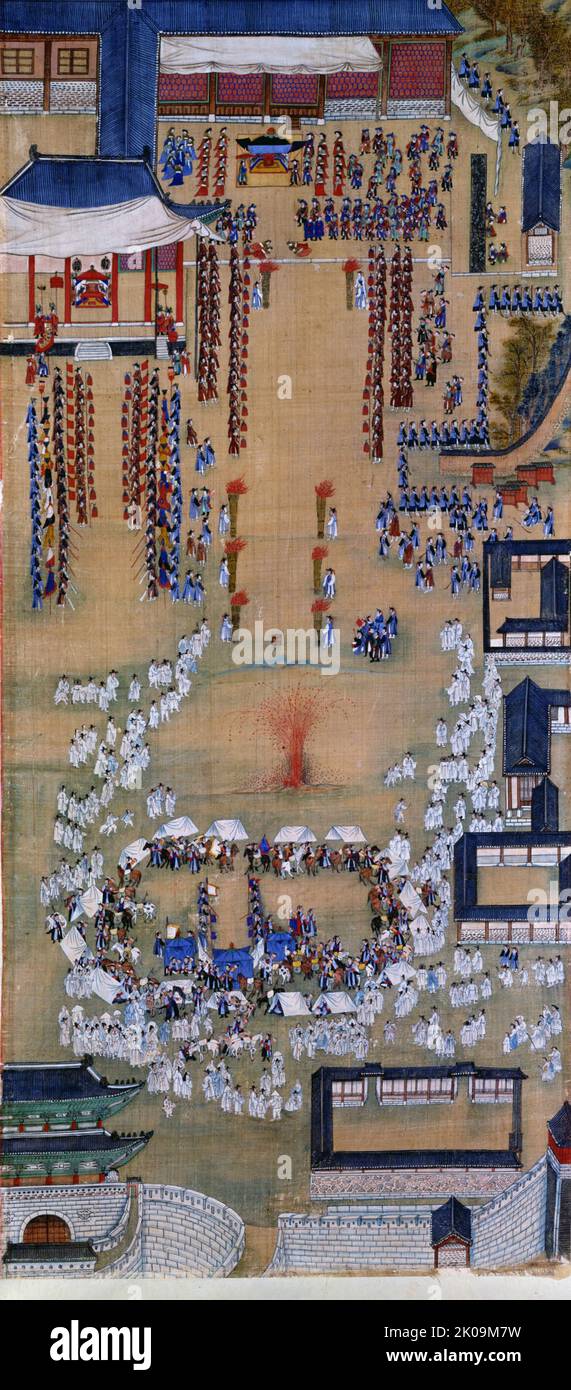 Procession de huit jours menée par le roi Jeongjo. King tir flèches au Pavillon Deukjung. La procession du roi Jeongjo avec sa mère, Lady Hyegyeonggung Hong, plus tard la reine Heongyeong, à l'occasion de son anniversaire de 60th en 1795, sur la tombe de son père, le prince héritier Sado. Jeongjo de Joseon (28 octobre 1752 22nd - 18 août 1800) était le souverain de la dynastie Joseon de Corée (r. 1776-1800). Banque D'Images