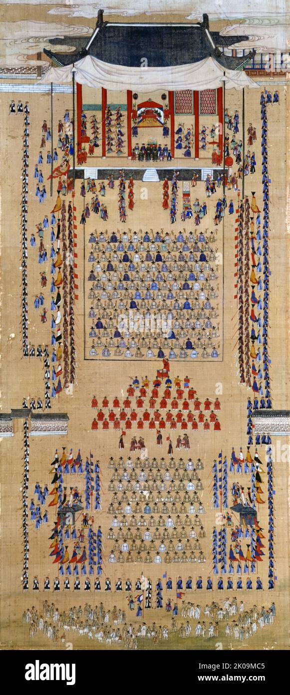 Procession de huit jours menée par le roi Jeongjo. Fête pour les aînés au Pavillon Nangnam, 1795. La procession du roi Jeongjo avec sa mère Lady Hyegyeonggung Hong, plus tard la reine Heongyeong à son 60th anniversaire, en 1795, à la tombe de son père le prince héritier Sado (1735-1762). Hwaseong a été représenté sur un écran de huit volets. Jeongjo de Joseon (28 octobre 1752 - 18 août 1800) était le 22nd dirigeant de la dynastie Joseon de Corée, 1776-1800. Il a fait diverses tentatives pour réformer et améliorer la nation de Corée. Banque D'Images
