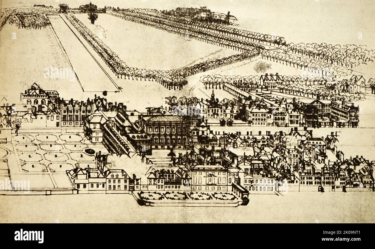Vue panoramique sur Whitehall, Arlington House, St James's Park et St James's Palace. Illustration par Leonard Knyff. Leonard Knyff ou Leendert Knijff (10 août 1650, Haarlem - avril 1722, Londres) est un dessinateur et peintre néerlandais. Il était le fils du peintre paysagiste Wouter Knijff et le frère de Jacob Knijff et quitta vers 1681 de la Hollande à l'Angleterre. Knyff a collaboré avec Kip pour produire des vues sur des maisons de campagne et des jardins pour le Britannia Illustrata et le Nouveau Théâtre. Banque D'Images Vue panoramique sur Whitehall, Arlington House, St James's Park et St James's Palace. Illustration par Leonard Knyff. Leonard Knyff ou Leendert Knijff (10 août 1650, Haarlem - avril 1722, Londres) est un dessinateur et peintre néerlandais. Il était le fils du peintre paysagiste Wouter Knijff et le frère de Jacob Knijff et quitta vers 1681 de la Hollande à l'Angleterre. Knyff a collaboré avec Kip pour produire des vues sur des maisons de campagne et des jardins pour le Britannia Illustrata et le Nouveau Théâtre. Banque D'Images