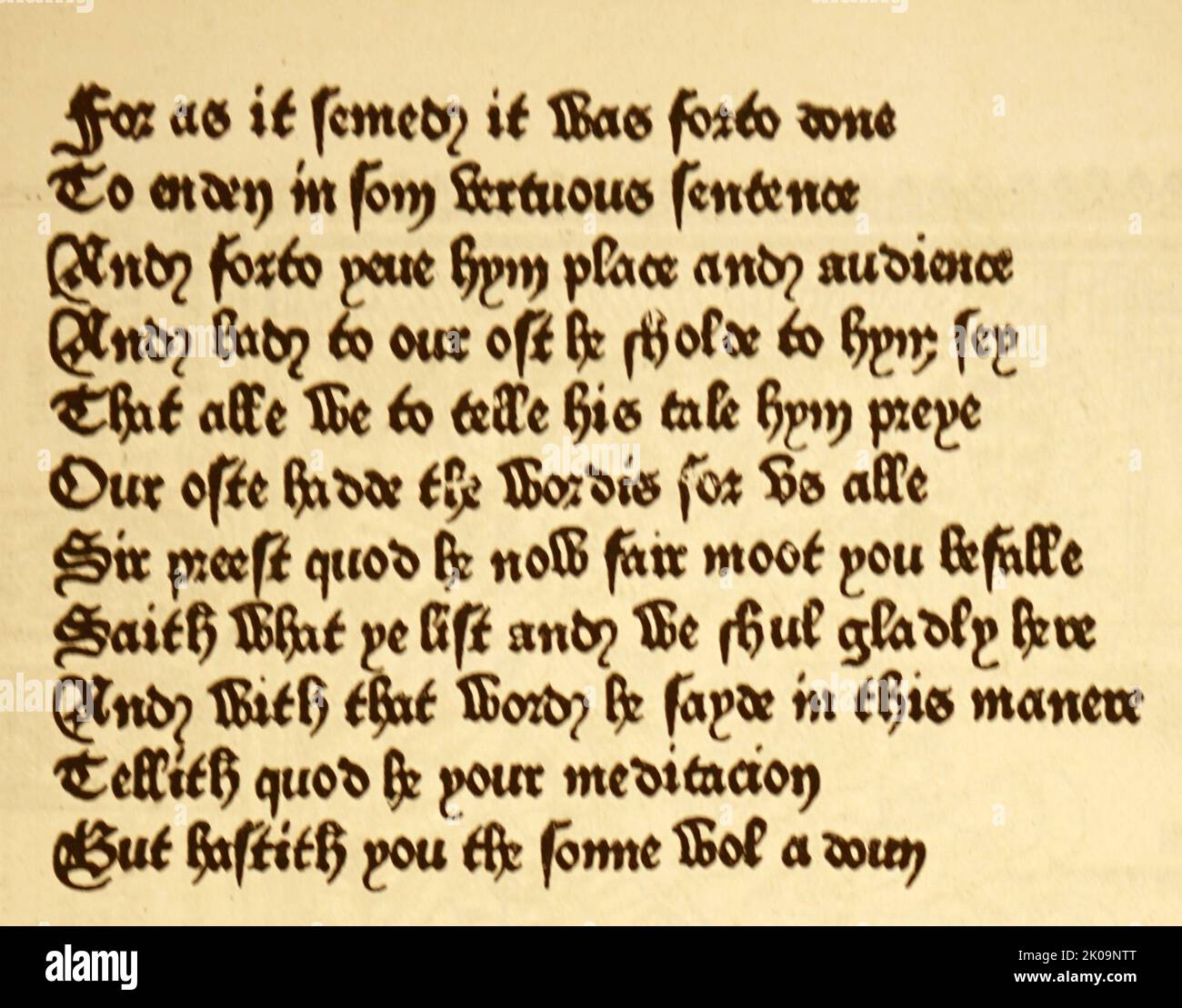 Les Canterbury Tales. Illustration et texte, imprimé par William Caxton en 1476. William Caxton (c. 1422 - c. 1491) était un marchand, un diplomate et un écrivain anglais. Il est considéré comme la première personne à introduire une presse à imprimer en Angleterre, en 1476, et en tant qu'imprimeur a été le premier détaillant anglais de livres imprimés. Banque D'Images