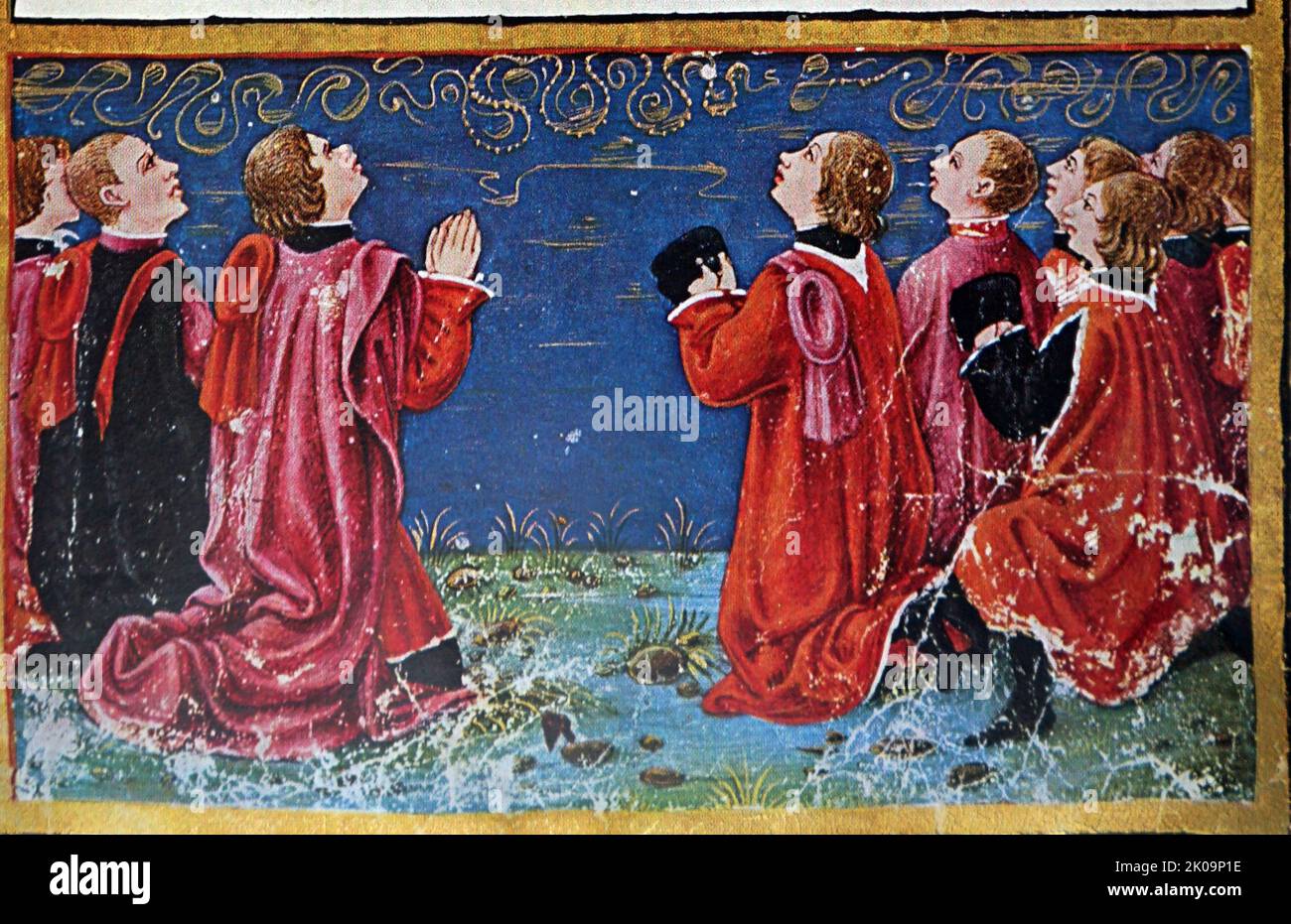 Madonna avec enfant et deux saints. Bolognaise, œuvre d'art religieux datant du 15th siècle. Banque D'Images