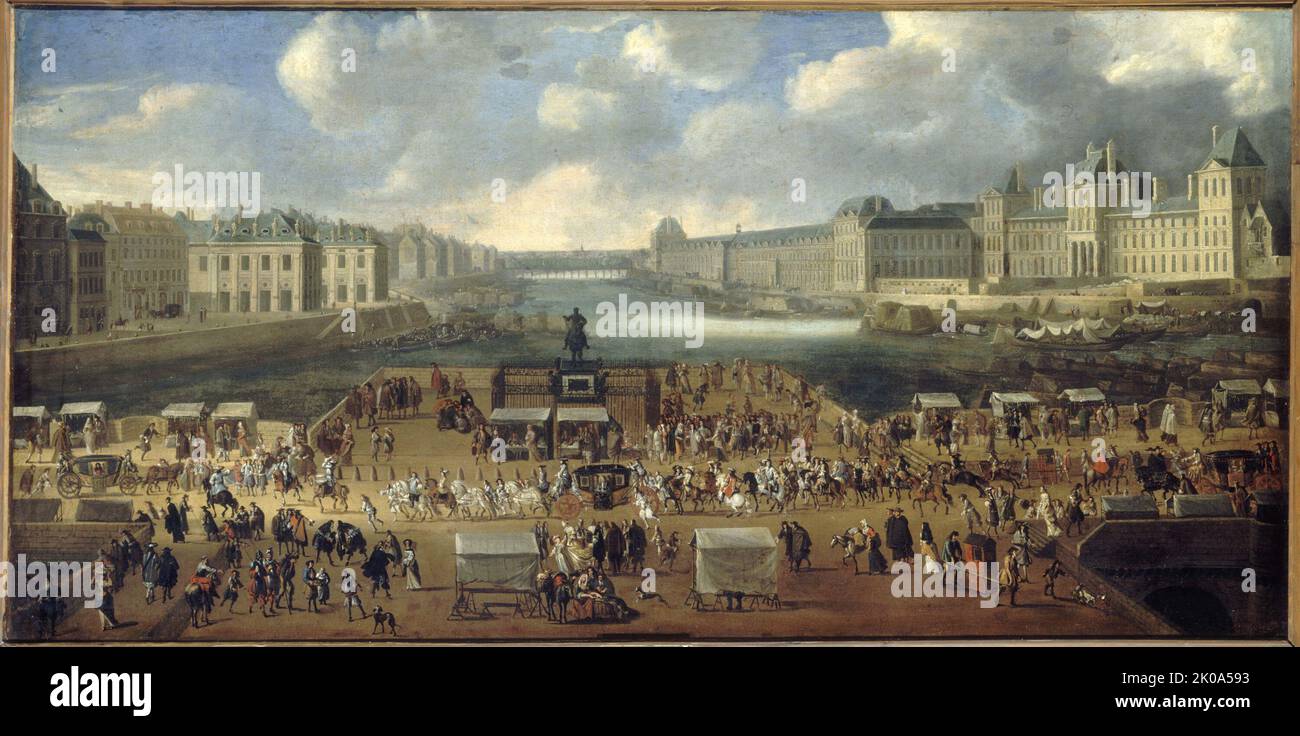 Pont-neuf, vu de l'entrée de la place Dauphine, du quai malaquai avec le Collège des quatre Nations, la Grande Galerie et le Louvre, vers 1669. Passage d'une procession sur le pont. Arrondissements actuels de 1st et 6th. Banque D'Images