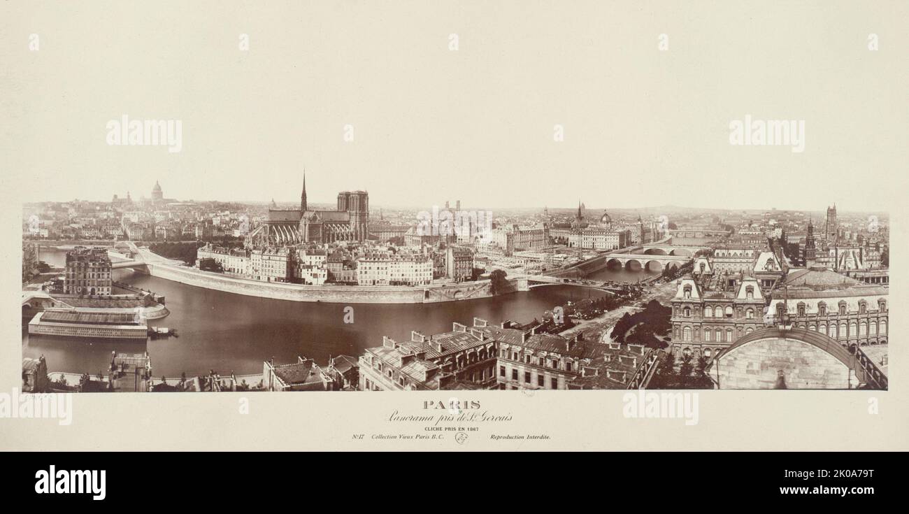 Panorama - Quai Malaquai, le Louvre, vue panoramique, Pont du carrousel, 1st arrondissement, Paris, 1867. Banque D'Images