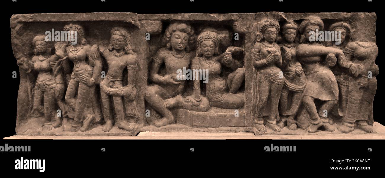 Amoureux du vin, de la danse et de la musique. Gupta, 5th Century AD. Deogarh, Uttar Pradesh. Banque D'Images