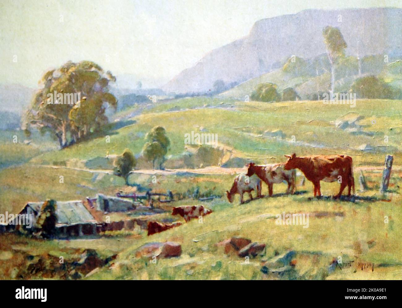 Dans la vallée de la Whattamolla. Peinture à l'huile par Robert Johnson. Robert Johnson (1890-1964) était un peintre impressionniste australien, connu pour ses huiles réalistes et son aquarelle des paysages de l'Australie Banque D'Images