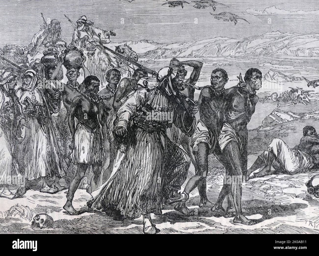 Bande esclave traversant le dessert africain. Illustration en noir et blanc Banque D'Images