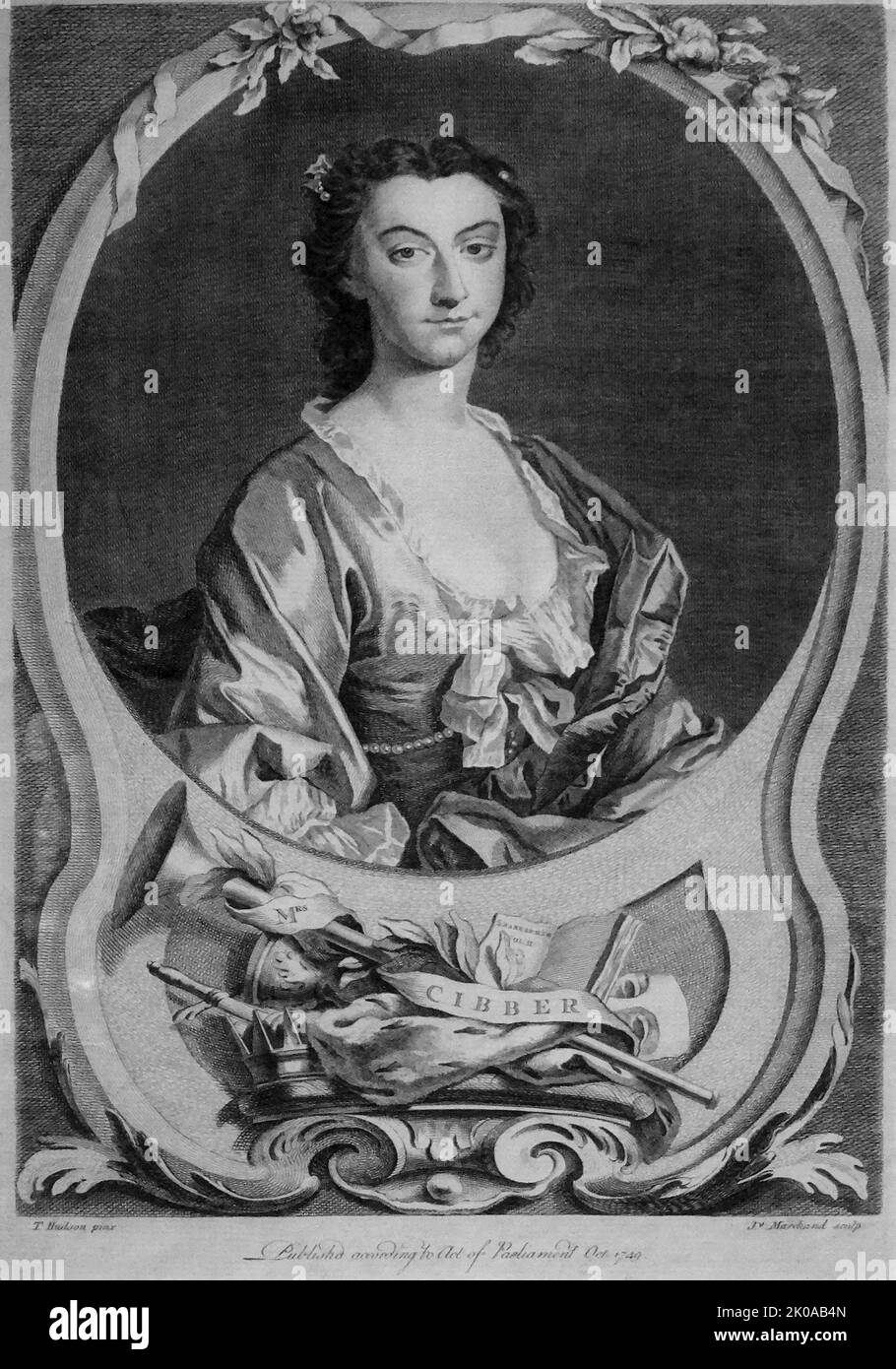 Susanna Cibber, Londres, 1749. Gravure de J. Manchard d'après Thomas Hudson (1701-1779). Susannah Maria Cibber (née Arne; 1714 février - 30 janvier 1766) est une chanteuse et actrice anglaise célèbre. Thomas Hudson (1701 - 26 janvier 1779) est un peintre de portrait anglais. Jean Hippolyte Marchand (21 novembre 1883 - 1940) est un peintre cubiste français, graveur et illustrateur associé à des figures du Groupe Bloomsbury Banque D'Images