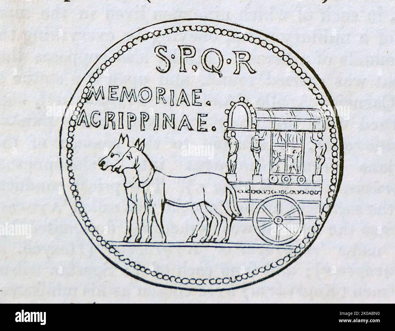 Médaille frappée pour commémorer le décret du sénat romain de permettre au matron romain Agrippina d'entrer dans des festivals sur un carpentum tiré par un cheval (chariot) Banque D'Images