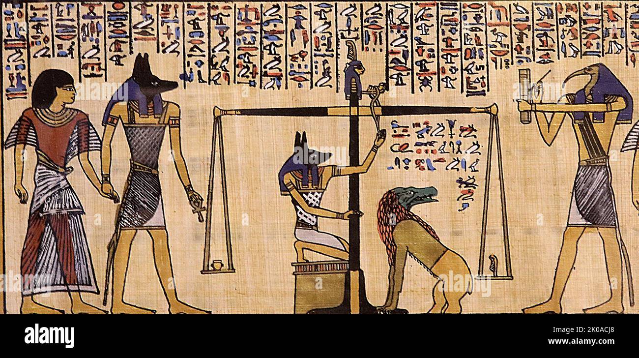Papyrus égyptien moderne illustrant la pesée des âmes pour décider du sort d'une personne déssoulagée Banque D'Images