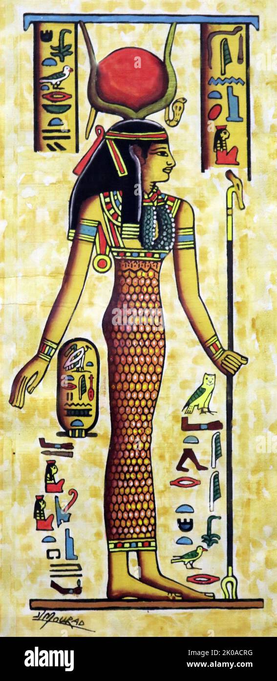 Représentation moderne sur un papyrus d'Isis, une déesse majeure de l'ancienne religion égyptienne dont le culte s'est étendu dans tout le monde gréco-romain. ISIS a été mentionné pour la première fois dans l'ancien Royaume (c.2686 - c.2181 BCE) comme l'un des principaux caractères du mythe Osiris. Au cours du Nouveau Royaume (1550 - 1070 BCE), Isis a été représenté en portant la coiffe de Hathor : un disque solaire entre les cornes d'une vache Banque D'Images