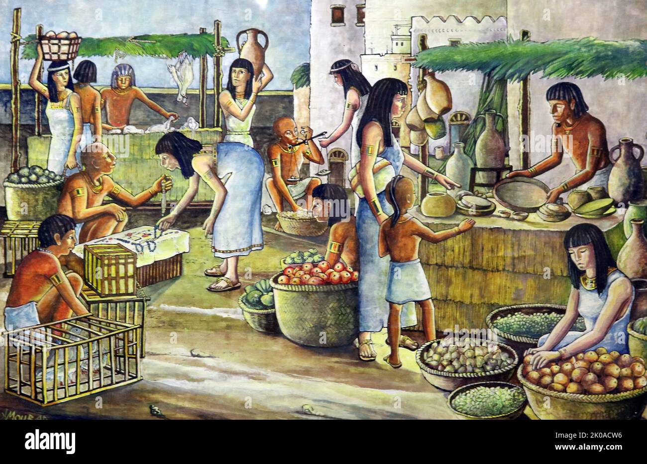 Papyrus moderne représentant la scène du marché égyptien antique avec des fruits et légumes à la viande en vente Banque D'Images