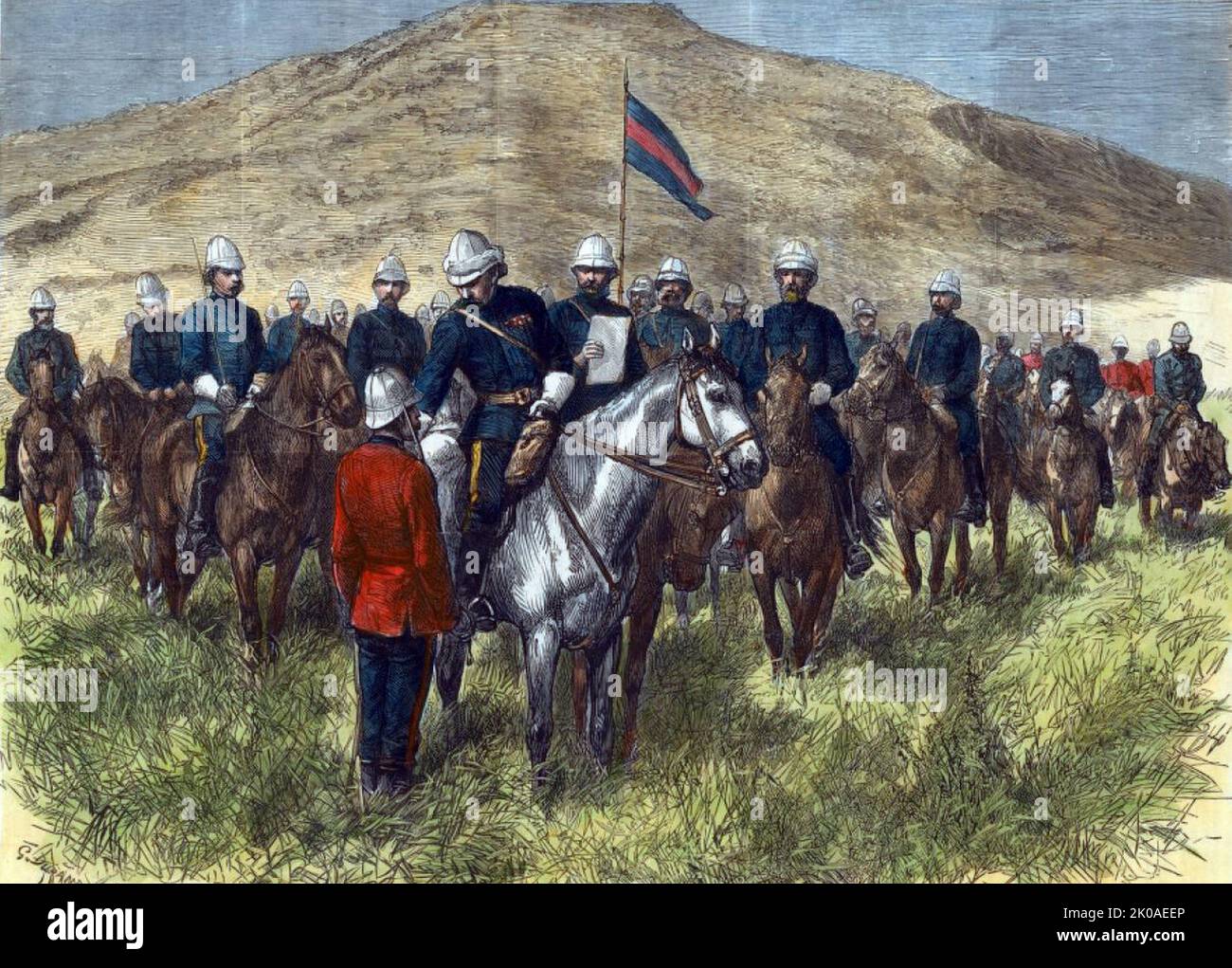 La guerre de Zulu - Sir Garnet Wolseley présente la Croix de Victoria au major Chard, Royal Engineers, au camp d'Inkwenke, 1879. La bataille de la dérive de Rorke (1879), également connue sous le nom de défense de la dérive de Rorke, était un engagement dans la guerre anglo-zoulou. La défense britannique réussie de la station de mission de Rorke's Drift, sous le commandement des Lieutenants John Chard des Royal Engineers et Gonville Bromhead, 24th le régiment de pied a commencé lorsqu'un grand contingent de guerriers zoulou se sont démis de leur force principale pendant la dernière heure de la défaite britannique à la bataille d'Isandlwana, le 22 janvier Banque D'Images