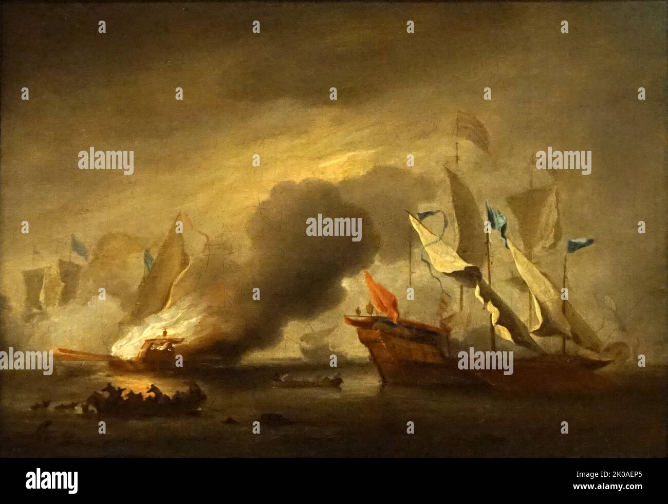 A Row Galley sur le feu par Willem van de Velde II (1633-1707) artiste britannique néerlandais Banque D'Images