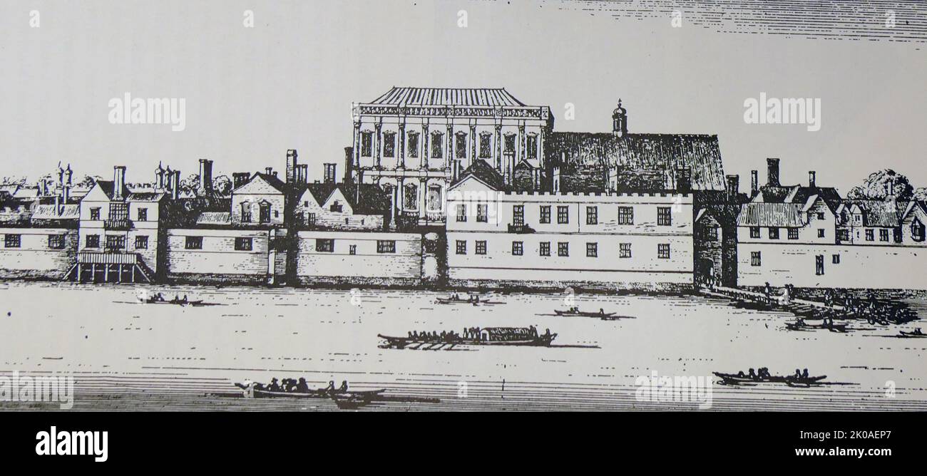 Le palais de Whitehall (ou palais de Whitehall) à Westminster, Middlesex, a été la résidence principale des monarques anglais de 1530 à 1698, lorsque la plupart de ses structures, à l'exception notamment de la salle de banquet d'Inigo Jones en 1622, ont été détruites par le feu. Henry VIII a déménagé la résidence royale à White Hall après que les anciens appartements royaux du palais voisin de Westminster aient été détruits par le feu. Bien que le palais de Whitehall ne survive pas, la région où il était situé est toujours appelé Whitehall et est resté un centre de gouvernement Banque D'Images Le palais de Whitehall (ou palais de Whitehall) à Westminster, Middlesex, a été la résidence principale des monarques anglais de 1530 à 1698, lorsque la plupart de ses structures, à l'exception notamment de la salle de banquet d'Inigo Jones en 1622, ont été détruites par le feu. Henry VIII a déménagé la résidence royale à White Hall après que les anciens appartements royaux du palais voisin de Westminster aient été détruits par le feu. Bien que le palais de Whitehall ne survive pas, la région où il était situé est toujours appelé Whitehall et est resté un centre de gouvernement Banque D'Images