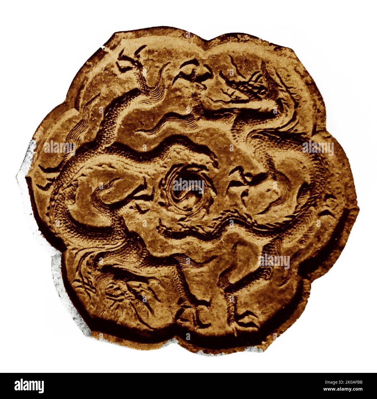 Hexagonal avec doubles dragons en relief. De la dynastie Koryeo (918 - 1392). Miroir en bronze de la dynastie Koryeo datant du 10th au 14th siècle, en Corée Banque D'Images